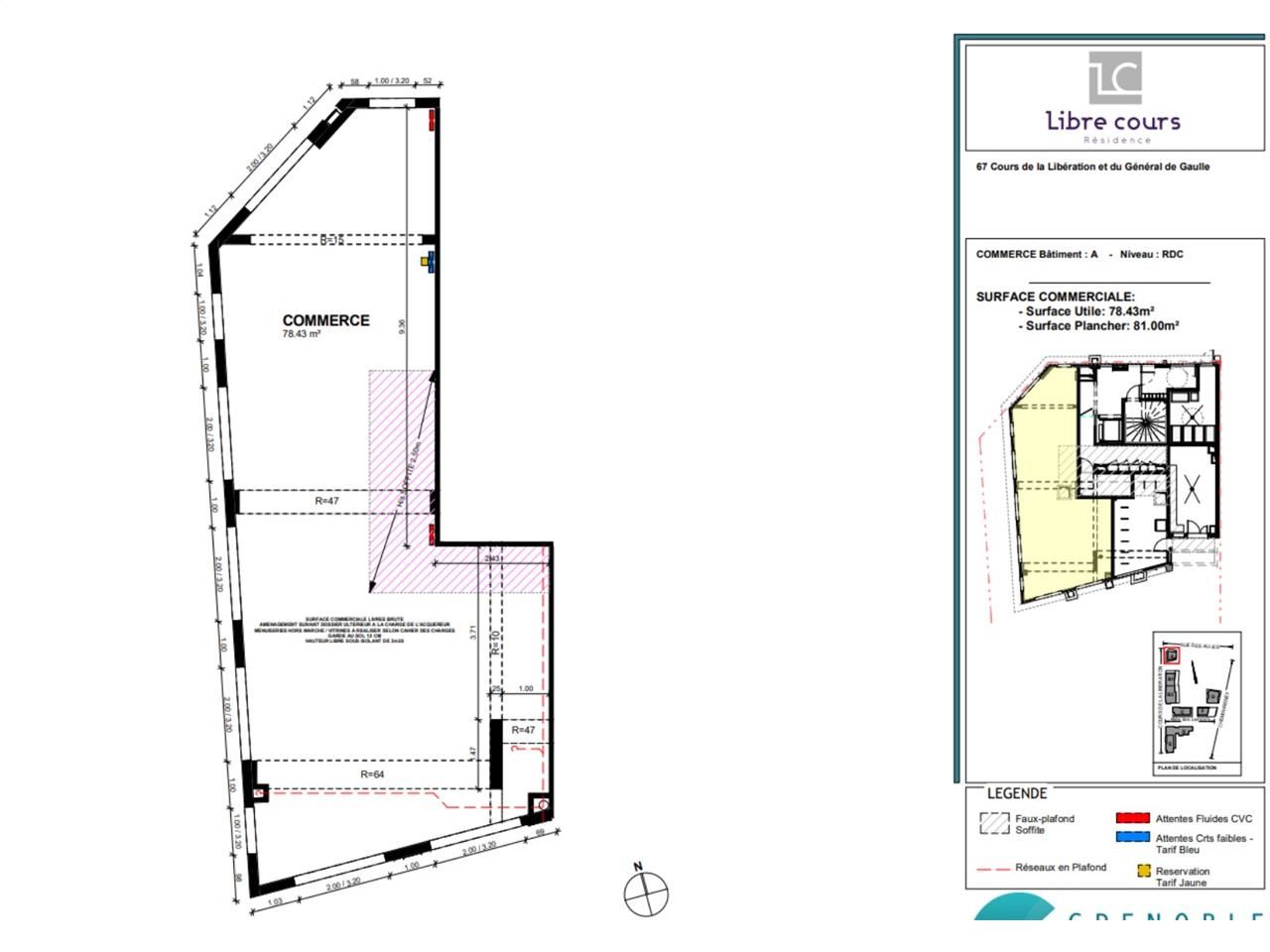 Location locaux commerciaux 83 m² non divisibles