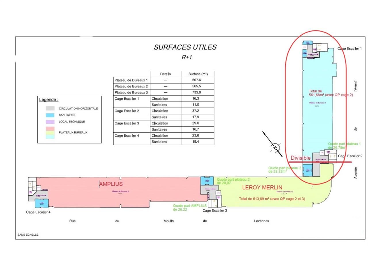 Location bureaux 1381 m² divisibles à partir de 562 m²