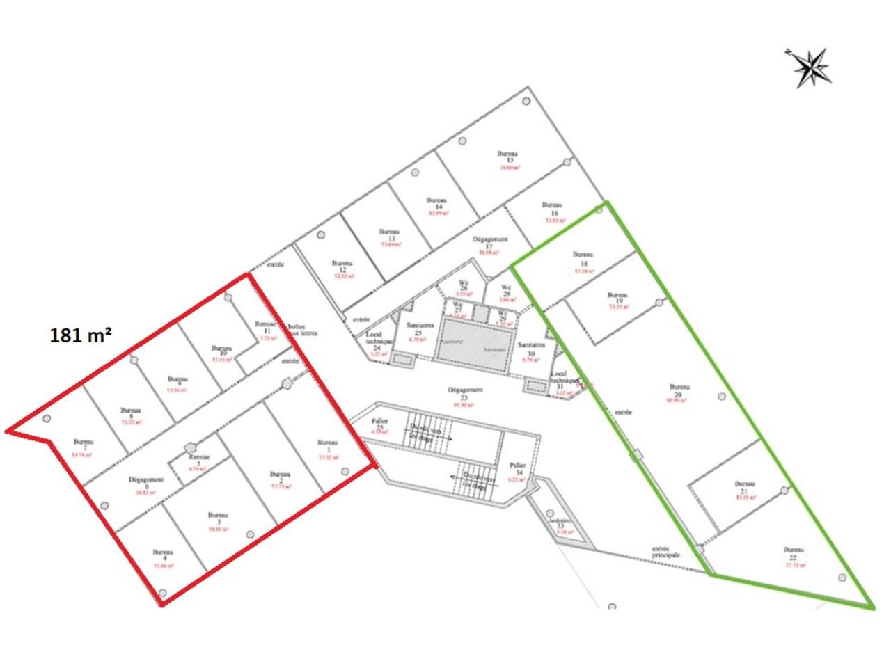 Location bureaux 181 m² non divisibles