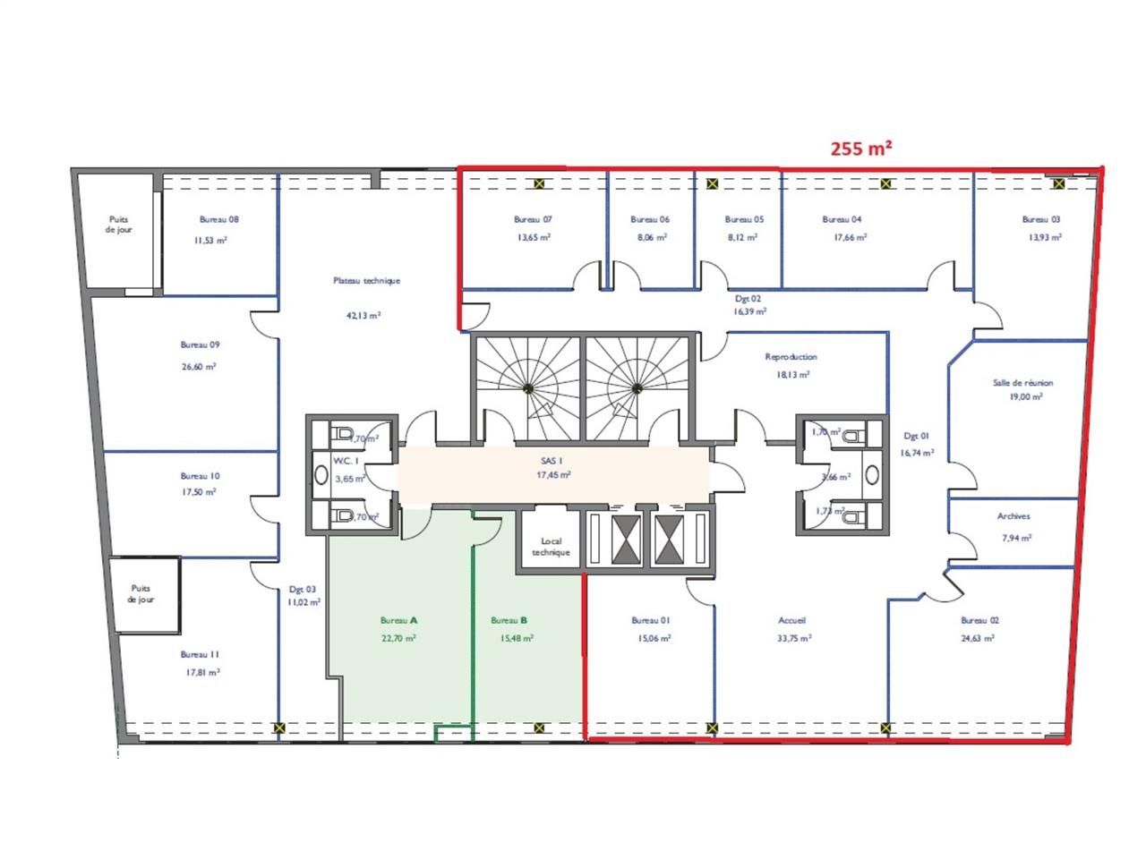 Location bureaux 255 m² non divisibles