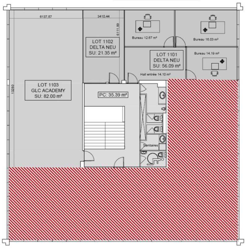 Location bureaux 179 m² non divisibles