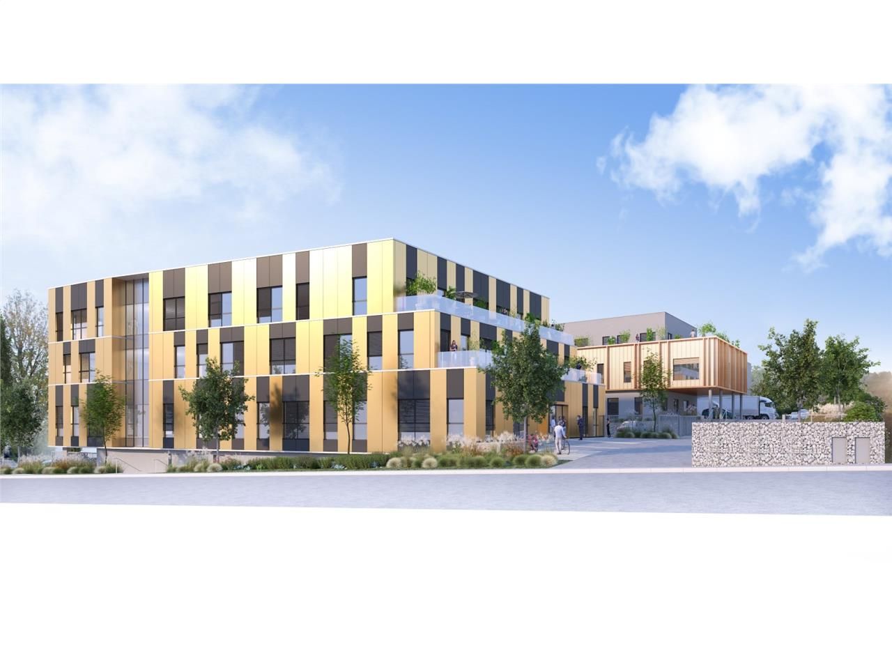 En sortie immédiate d'autoroute, immeuble de bure