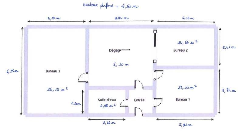 Location bureaux 90 m² non divisibles